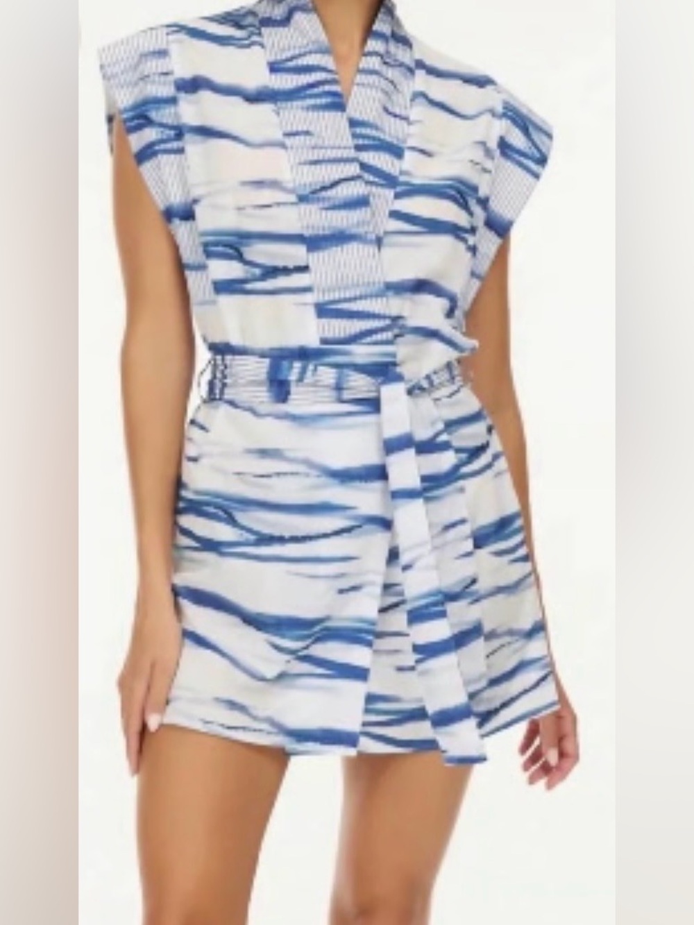 My Beachy Side Blue White Belted Mini Dress, Cover Up  or Robe One Size NWT